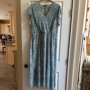 Blue Green V-Neck Flutter Sleeve Midi Sundress